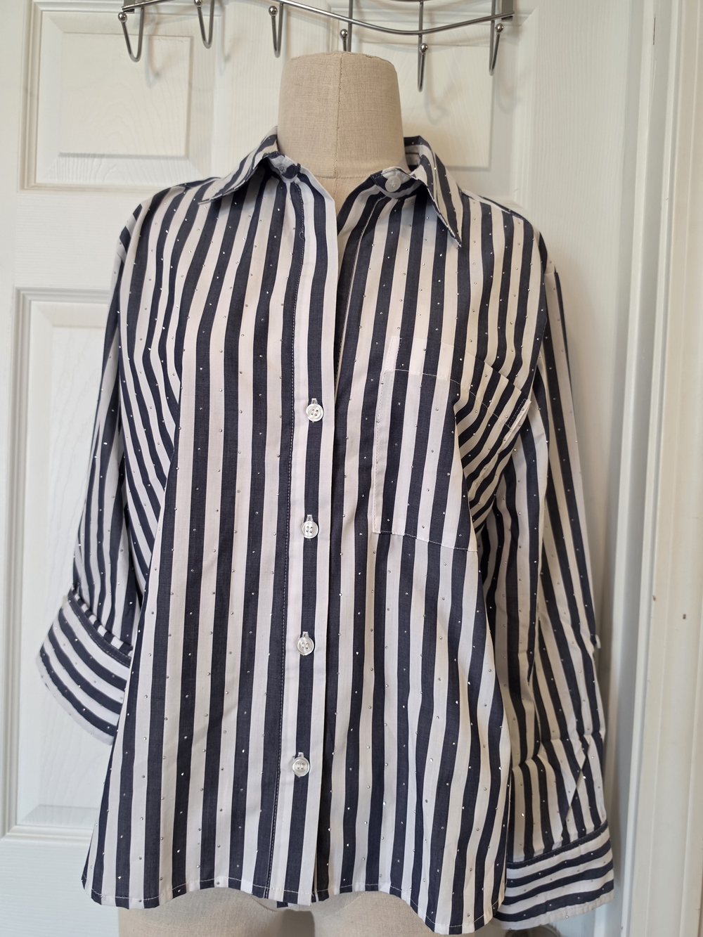 Classic Gray & White Striped Button-Up Shirt Size Medium